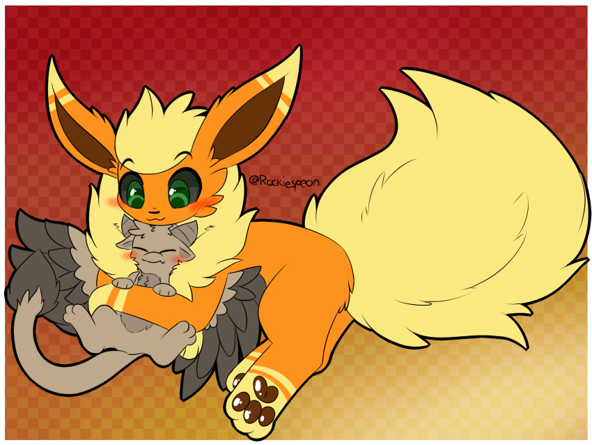 4:3 cuddling dragon duo eeveelution eyes_closed feral flareon hi_res hug male nintendo nirsie pawpads paws pok&eacute;mon pok&eacute;mon_(species) ringed_eyes rockii smile video_games vovo