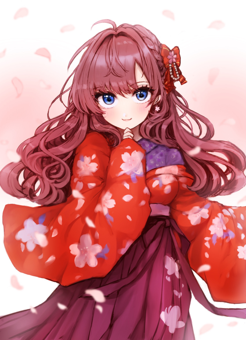 1girl absurdres blue_eyes blush bow cherry_blossoms closed_mouth clothing_request earrings hair_bow highres ichinose_shiki idolmaster idolmaster_cinderella_girls idolmaster_cinderella_girls_starlight_stage japanese_clothes jewelry kuromitsu_maria long_hair looking_at_viewer petals purple_skirt red_bow red_hair skirt smile solo standing white_background