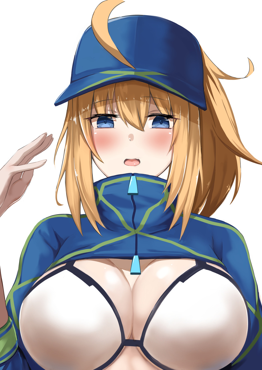 1girl absurdres ahoge artoria_pendragon_(all) baseball_cap bikini bikini_top blonde_hair blue_eyes blue_headwear blue_jacket breasts cropped_jacket fate/grand_order fate_(series) hair_between_eyes hair_through_headwear hat highres jacket large_breasts mysterious_heroine_xx_(foreigner) ponytail shrug_(clothing) sidelocks solo swimsuit tori_no_ou upper_body white_bikini zipper_pull_tab