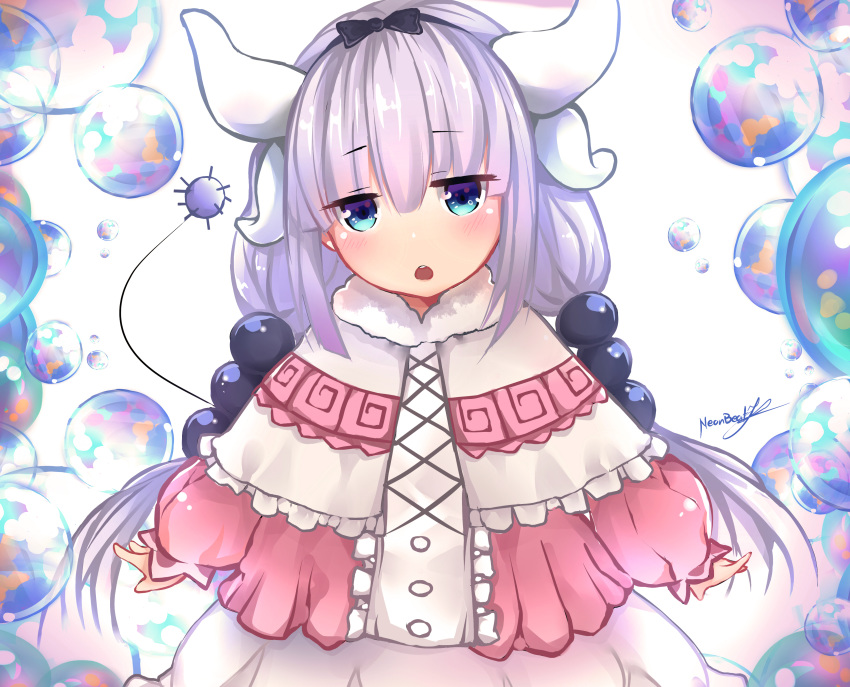 absurd_res blue_eyes blush bow clothed clothing dress hair hi_res horn horned_humanoid humanoid kanna_kamui long_hair miss_kobayashi's_dragon_maid neonbeat purple_hair solo young