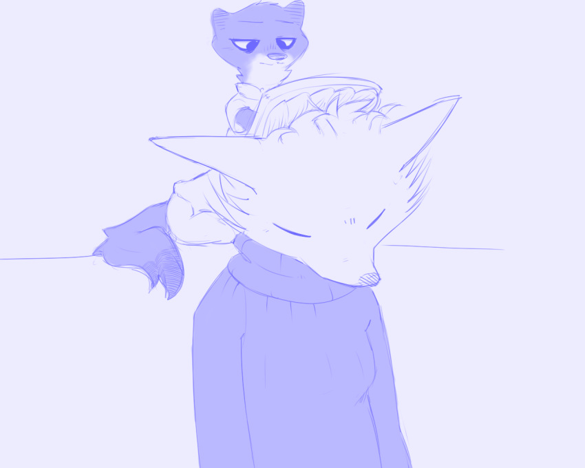 5:4 anthro blue_and_white canid canine charlie_(weaver) ciwi clothed clothing corsac_fox duo eyes_closed fox fully_clothed mammal marty_(weaver) monochrome mustela mustelid musteline pack_street stoat sweater topwear