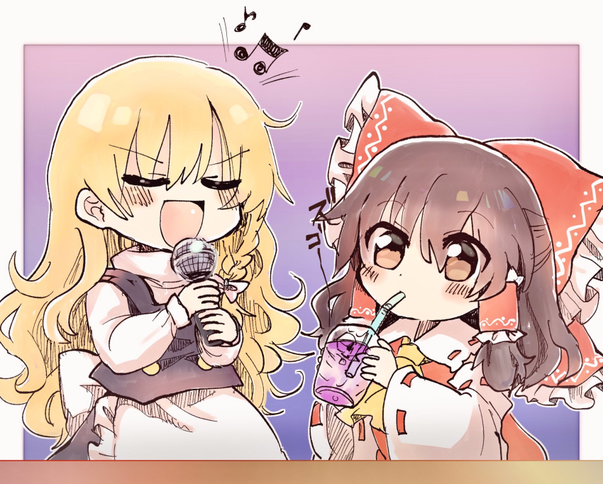 2girls apron back_bow bangs beamed_eighth_notes black_skirt black_vest blonde_hair blue_background blush bow braid brown_hair closed_eyes commentary cravat cup detached_sleeves disposable_cup drinking_glass drinking_straw_in_mouth eighth_note hair_bow hair_tubes hakurei_reimu highres holding holding_microphone karaoke kirisame_marisa long_hair long_sleeves microphone mochi547 multiple_girls music musical_note no_hat no_headwear open_mouth purple_background quarter_note red_bow red_shirt shirt simple_background singing single_braid skirt smile touhou turtleneck upper_body v-shaped_eyebrows vest waist_apron white_bow white_shirt wide_sleeves yellow_neckwear