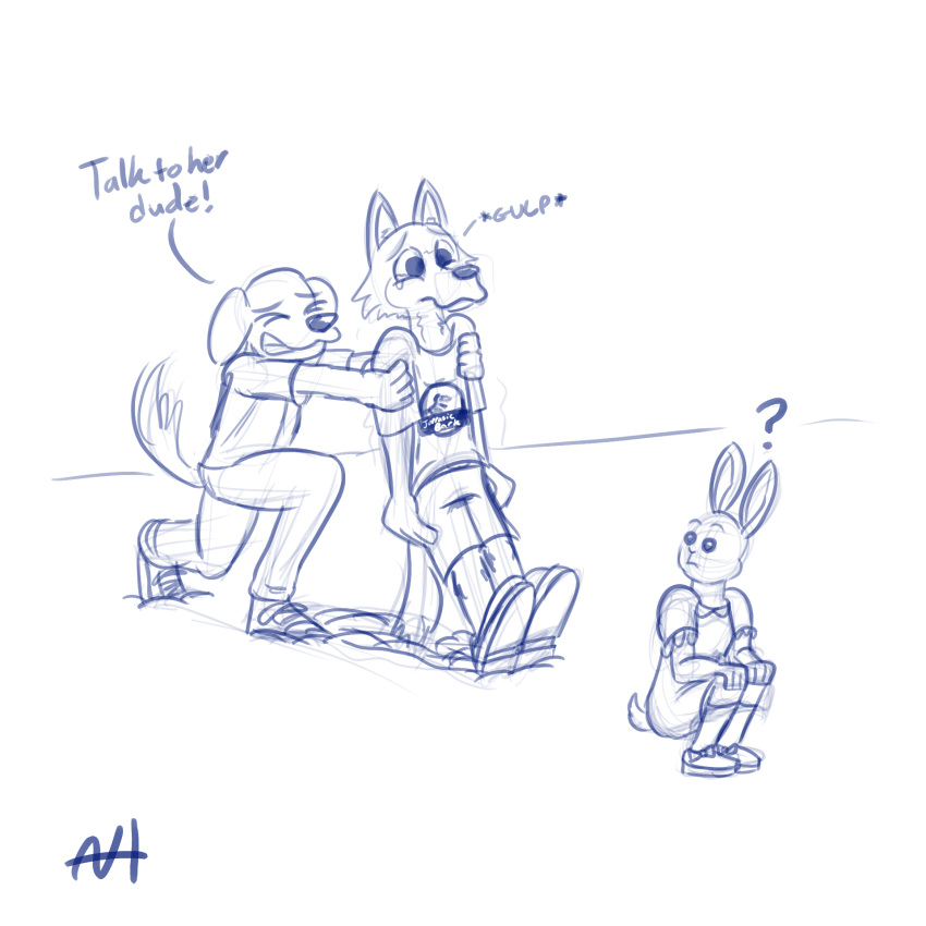 1:1 aleks_howes anthro beastars bird_dog blue_and_white canid canine canis domestic_dog encouragement female group haru_(beastars) hi_res hunting_dog jack_(beastars) labrador lagomorph legoshi_(beastars) leporid male mammal monochrome pushing rabbit reluctant retriever text wolf