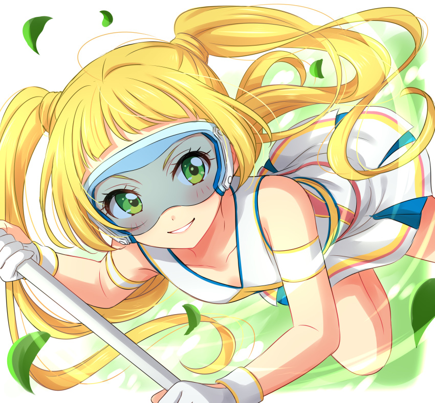 1girl absurdres aikatsu!_(series) aikatsu_friends! bangs bare_shoulders blonde_hair blunt_bangs blush breasts floating_hair gloves goggles green_eyes highres hinata_ema_(aikatsu_friends!) holding leaf long_hair looking_at_viewer parted_lips partially_fingerless_gloves sekina skirt small_breasts smile solo twintails white_gloves white_skirt