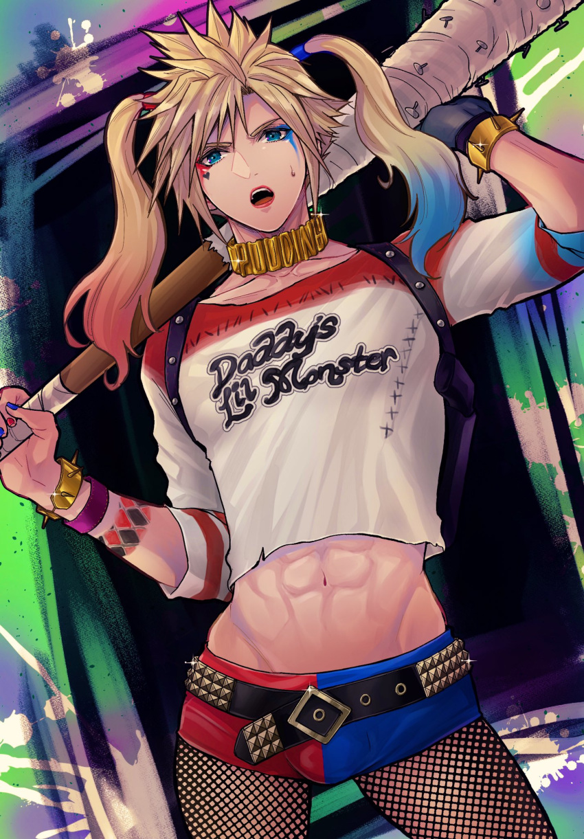 1boy abs bangs baseball_bat beckey9415 belt black_belt blonde_hair blue_eyes blue_nails blue_shirt blue_shorts bulge clothes_writing cloud_strife club collarbone commentary contrapposto cosplay cowboy_shot crossdressing final_fantasy final_fantasy_vii fishnet_legwear fishnets harley_quinn harley_quinn_(cosplay) highres holding holding_weapon holster long_hair looking_at_viewer male_focus midriff multicolored_shirt nail nail_bat navel open_mouth over_shoulder pantyhose print_shirt red_nails red_shirt red_shorts shirt shorts shoulder_holster solo spiked_hair standing twintails weapon weapon_over_shoulder white_shirt