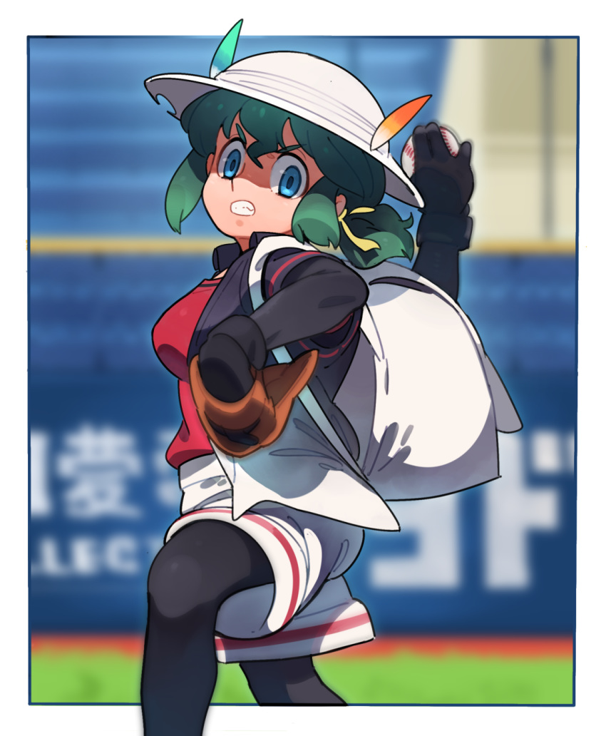 1girl arm_up backpack bag ball bangs baseball baseball_mitt black_border black_jacket black_legwear blue_eyes blurry blurry_background border commentary day depth_of_field from_side frown green_hair grimace hair_ribbon hat_feather helmet highres holding holding_ball jacket kaban_(kemono_friends) kazue_nishiki kemono_friends legwear_under_shorts long_sleeves looking_at_viewer medium_hair older outdoors outside_border pantyhose pith_helmet red_shirt ribbon shirt short_over_long_sleeves short_ponytail short_sleeves shorts solo standing throwing white_headwear white_shorts yellow_ribbon