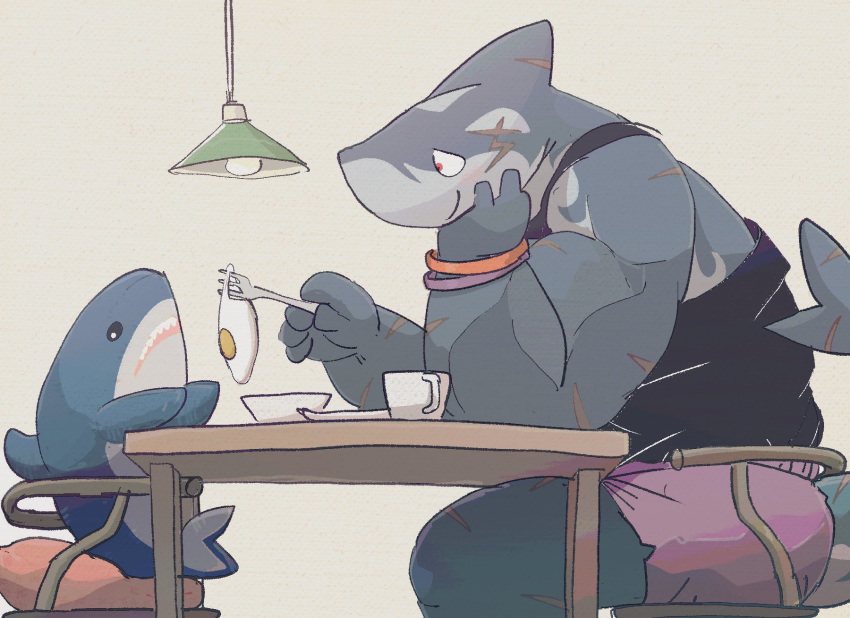 2020 anthro chair clothing dumdum fish food furniture hi_res kemono male marine plushie scar shark shirt sitting solo topwear