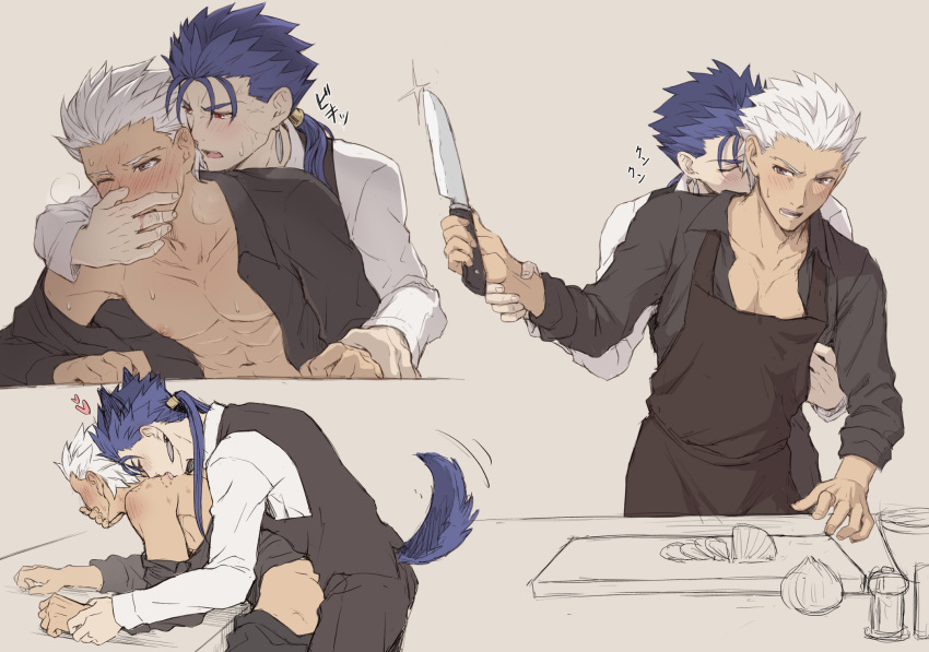 2boys anal animal_ears apron archer bent_over black_apron black_pants black_shirt black_vest blue_hair blush chest collarbone covering_mouth cu_chulainn_(fate)_(all) dark_skin dark_skinned_male earrings fate/stay_night fate_(series) hand_over_another's_mouth hand_up heart highres holding holding_knife jewelry kemonomimi_mode knife lancer long_hair long_sleeves male_focus mondi_hl multiple_boys one_eye_closed onion open_mouth pants ponytail sex shirt tail translation_request vest white_hair white_shirt wolf_ears wolf_tail yaoi