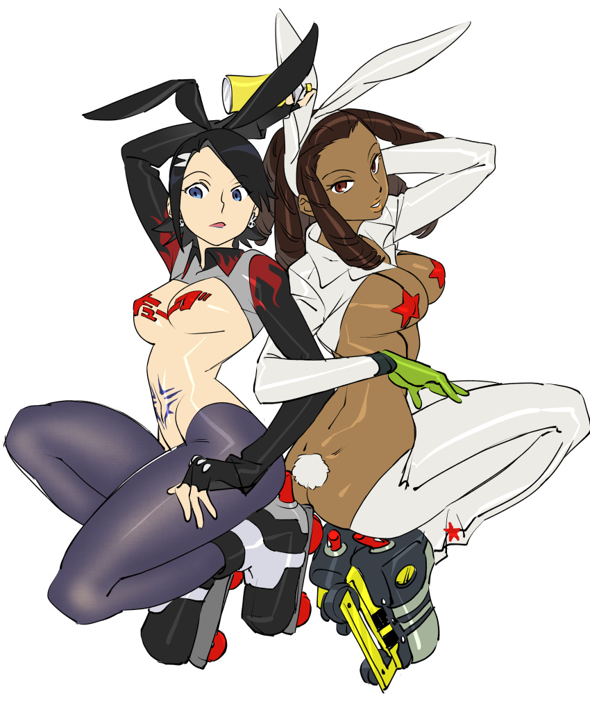 2girls absurdres animal_ears arm_behind_head ass back-to-back bangs black_footwear black_gloves black_hair black_hairband blue_eyes blue_lips breasts brown_hair bunny_earrings bunny_ears bunny_tail character_name commentary_request covered_nipples cube_(jet_set_radio) dark_skin earrings eyebrows_visible_through_hair fake_animal_ears fake_tail fingerless_gloves flame_print gloves green_gloves grey_hairband groin hairband hairlocs half-closed_eyes highres home_(houmei) inline_skates jet_set_radio jewelry large_breasts lipstick locked_arms long_sleeves looking_at_viewer looking_down makeup meme_attire multiple_girls orange_lips pantyhose parted_lips pasties reverse_bunnysuit reverse_outfit roller_skates shiny shiny_clothes shiny_hair shiny_skin shrug_(clothing) skates skull_earrings spray_can star_(symbol) star_pasties stomach_tattoo sugar_(jet_set_radio) swept_bangs tail tattoo very_dark_skin