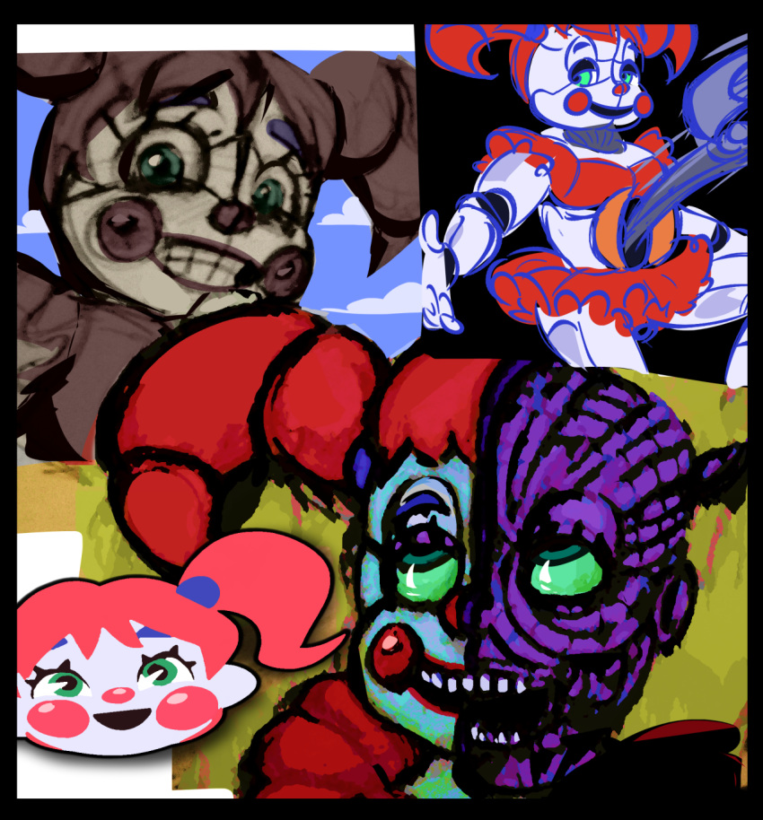 ambiguous_gender android animatronic baby_(fnafsl) biped blue_eyebrows bottomwear clothed clothing exposed_endoskeleton eyebrows five_nights_at_freddy's girly green_eyes hair hi_res humanoid looking_at_viewer looking_up machine multiple_images nightmare_fuel open_mouth pigtails red_bottomwear red_cheeks red_clothing red_hair red_nose red_skirt robot sister_location skirt skylordlysander solo video_games white_body