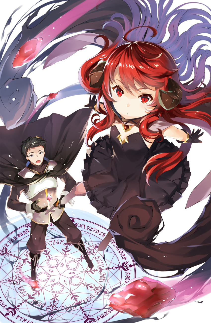 1boy 1girl ahoge bangs black_dress black_gloves boots cape character_request cover_image demon_girl dress flat_chest floating frilled_dress frills from_above frontier_world gem gloves highres horns jewelry long_hair looking_at_viewer looking_up magic_circle novel_illustration official_art outstretched_arms red_eyes red_hair simple_background smoke stone strapless strapless_dress summoning tachibana_yuu textless white_background