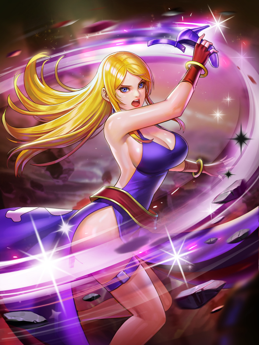 armpits bangs belt bonne_jenet bracelet breasts choker cleavage dress fatal_fury fingerless_gloves gloves high_heels highres jewelry large_breasts long_hair loose_belt mark_of_the_wolves official_art open_mouth purple_dress purple_eyes sideboob snk solo the_king_of_fighters the_king_of_fighters_all-stars thigh_strap