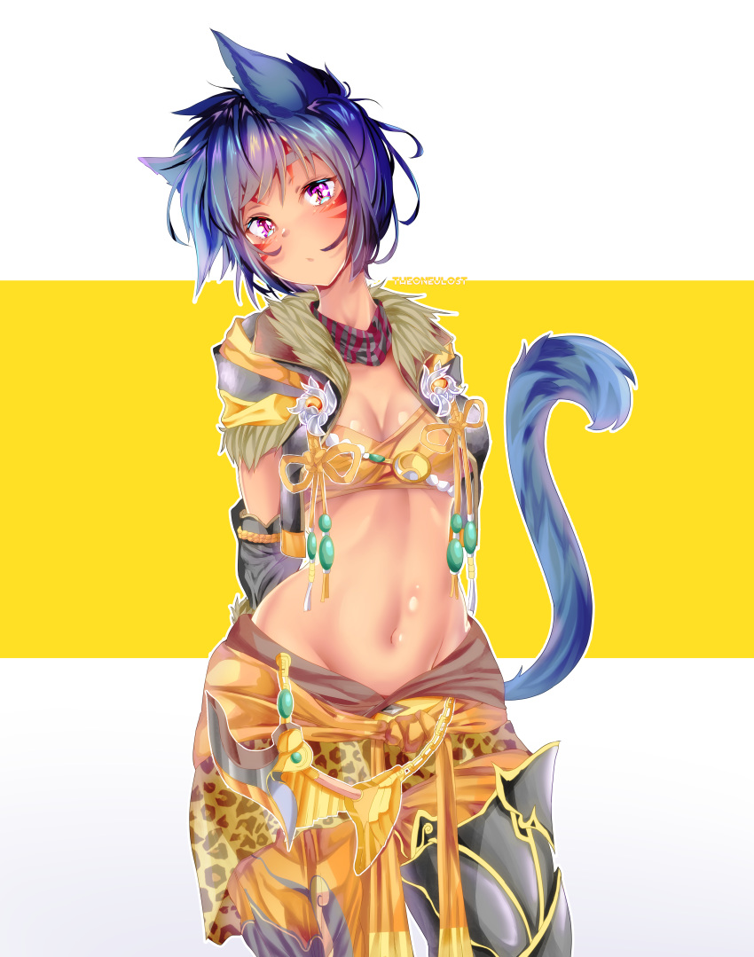 1girl :/ absurdres animal_ears arms_behind_head asymmetrical_legwear bandeau bangs blue_hair breasts cat_ears cat_girl cat_tail cleavage clip_studio_paint_(medium) commission facial_mark fictional_persona final_fantasy final_fantasy_xiv forehead_mark fur_collar gloves groin head_tilt highres huge_filesize jewelry looking_at_viewer lowleg midriff miqo'te monk_(final_fantasy) navel pants purple_eyes short_hair slit_pupils small_breasts solo stomach tail tan the0neulost vest whisker_markings