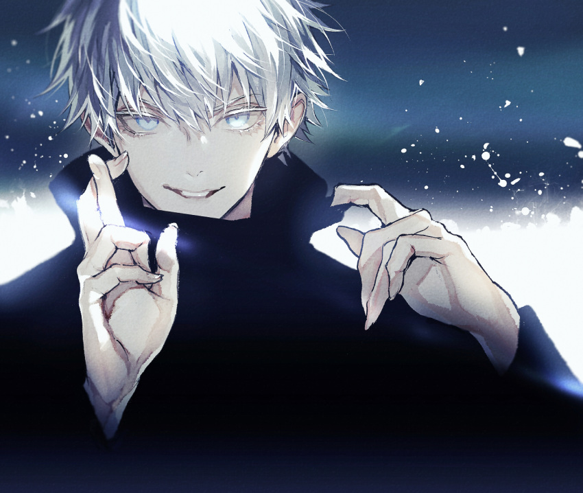 1boy bangs black_jacket blue_eyes crossed_fingers gojou_satoru grey_background hair_between_eyes hands_up high_collar jacket jujutsu_kaisen koshika_rina long_sleeves looking_at_viewer male_focus paint_splatter short_hair smile solo two-tone_background upper_body white_background white_hair