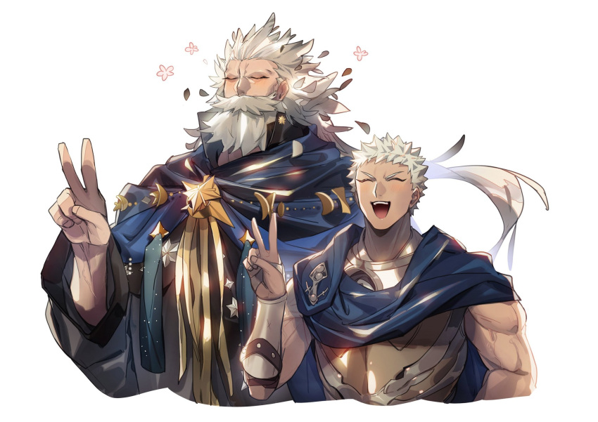 2boys armor beard biceps blue_cape cape cloak closed_eyes commentary_request dual_persona facial_hair fate/grand_order fate_(series) flower happy_aura highres male_focus multiple_boys muscular muscular_male no-kan open_mouth ptolemy_(fate) smile upper_body v white_background white_hair