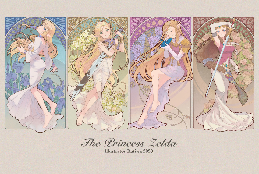 4girls barefoot blonde_hair blue_eyes braid brown_hair closed_eyes dress elbow_gloves feet flower gloves green_eyes harp head_tilt highres instrument looking_back master_sword multiple_girls multiple_persona ocarina parted_lips pointy_ears princess_zelda rust rutiwa sword the_legend_of_zelda the_legend_of_zelda:_breath_of_the_wild the_legend_of_zelda:_ocarina_of_time the_legend_of_zelda:_skyward_sword the_legend_of_zelda:_twilight_princess tiara toes weapon white_gloves