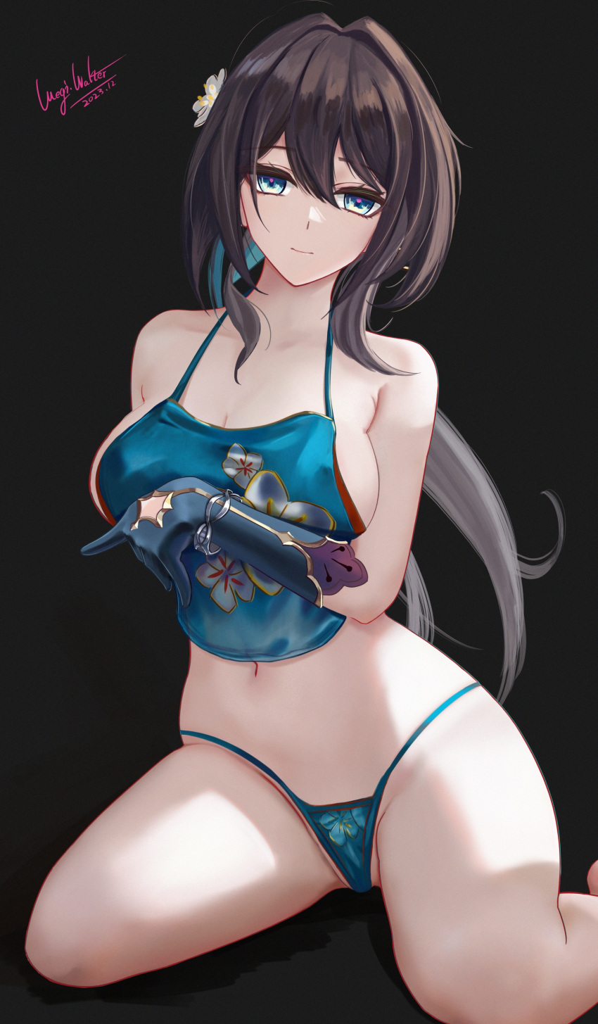 1girl absurdres aqua_eyes bare_shoulders black_hair breasts floral_print gloves green_panties hair_between_eyes halterneck highres honkai:_star_rail honkai_(series) long_hair looking_at_viewer medium_breasts meginalter panties ruan_mei_(honkai:_star_rail) sitting solo stomach thighs underwear very_long_hair wariza