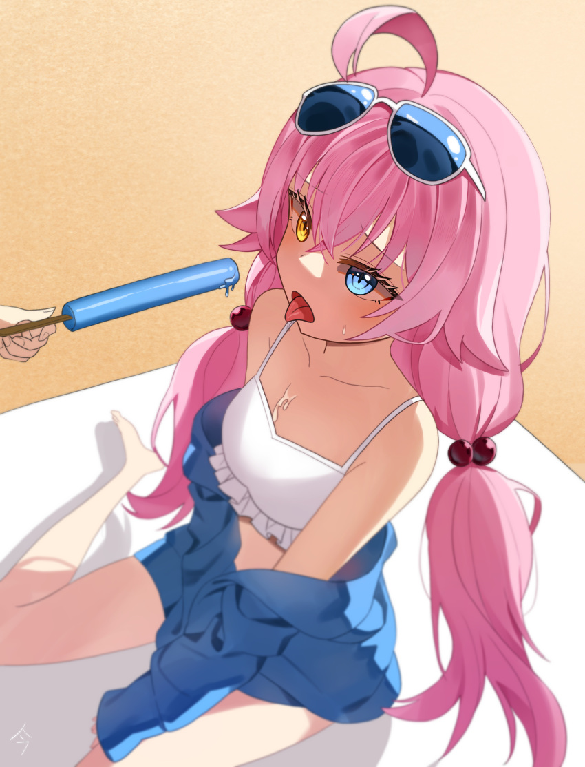 1girl absurdres ahoge beach_towel bikini blue_archive blue_eyes commentary dripping eyewear_on_head food frilled_bikini frills hair_between_eyes heterochromia highres hoshino_(blue_archive) ice_cream long_hair long_sleeves open_mouth pink_hair popsicle sexually_suggestive sitting solo_focus sunglasses swimsuit tongue tongue_out towel tsukinuma_gohan very_long_hair wariza white-framed_eyewear white_bikini yellow_eyes