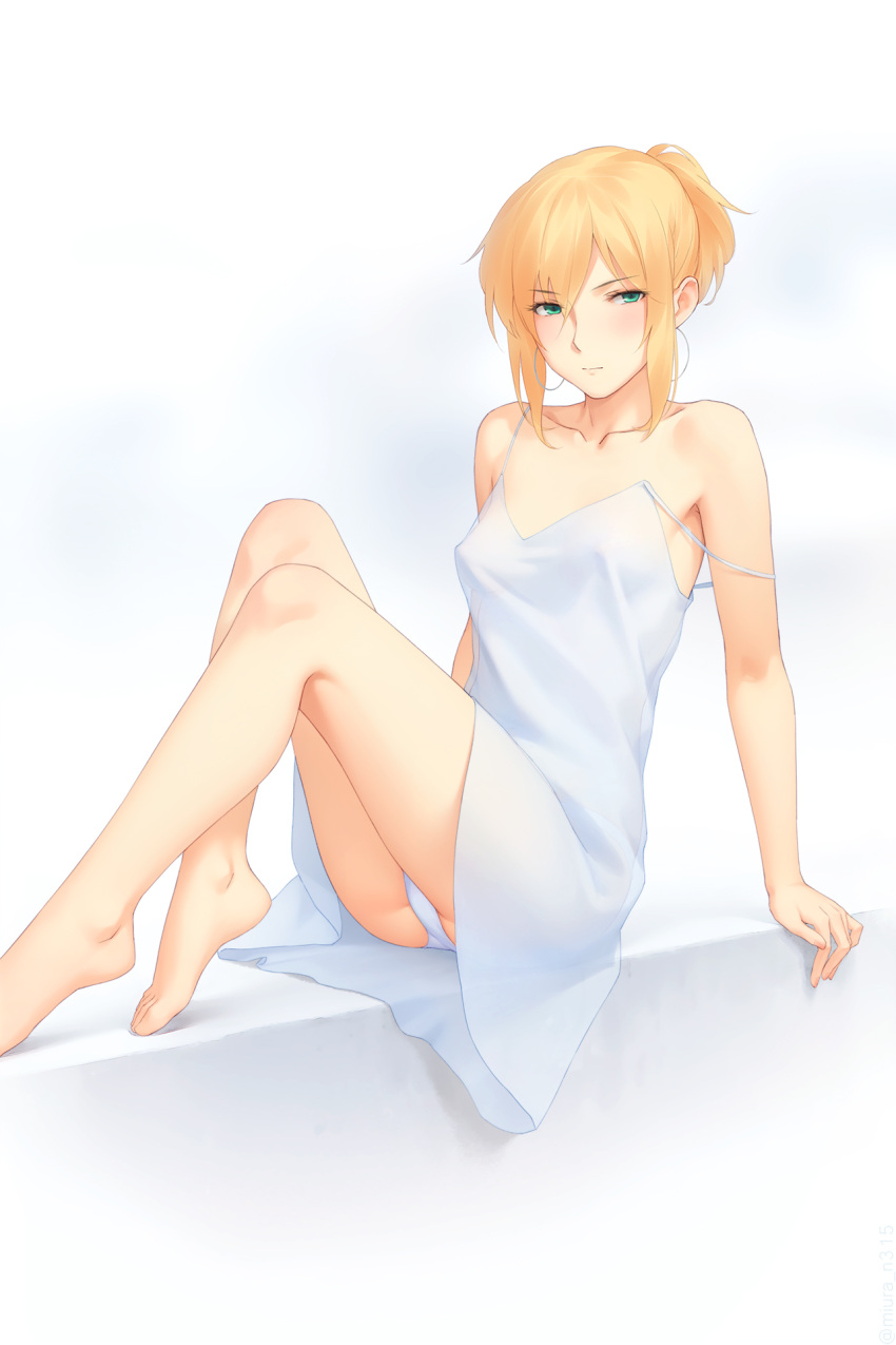 1girl bare_legs barefoot blonde_hair breasts chateau_dankworth covered_nipples dress green_eyes highres koroshi_ai medium_breasts miura-n315 panties ponytail short_hair sidelocks sitting solo strap_slip underwear white_background white_dress white_panties