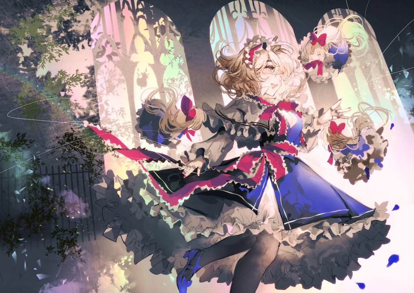 1girl abstract_background alice_margatroid arm_up black_legwear blonde_hair blue_dress blue_eyes blue_footwear breasts capelet cirno cleavage commentary_request dress fence floating floating_hair from_side hairband high_heels highres ironwork lolita_hairband looking_to_the_side majamari medium_breasts neck_ribbon open_mouth pantyhose petticoat profile puppet_rings puppet_strings rainbow red_neckwear ribbon sash shanghai_doll short_hair silhouette solo_focus stained_glass standing standing_on_one_leg touhou tree upper_teeth white_capelet window