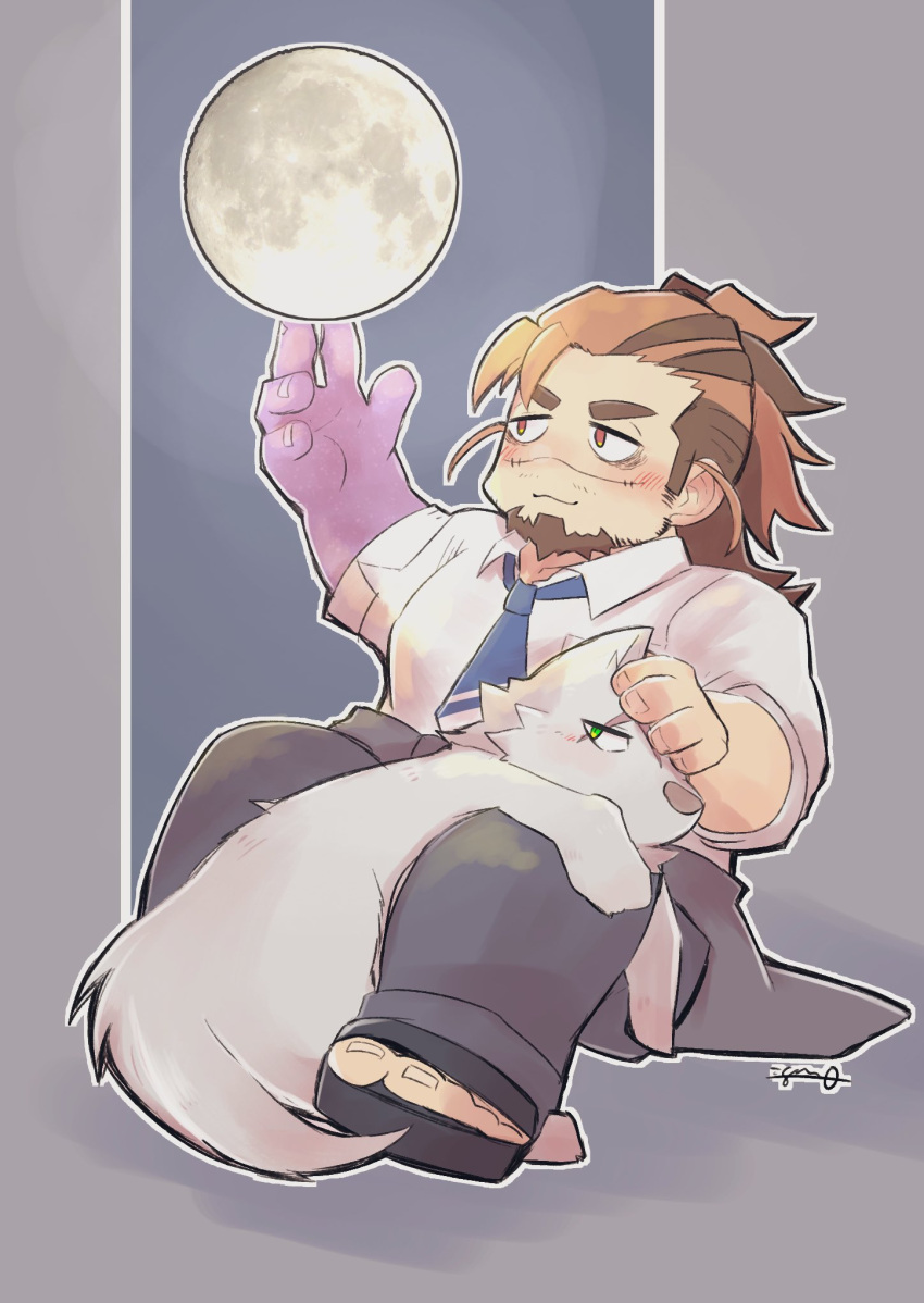 animal_on_lap animalization bags_under_eyes bara boogeyman_(housamo) colored_skin facial_hair full_moon goatee highres igarashi_(igarashi_ta) kresnik_(housamo) long_sideburns mature_male moon mustache_stubble on_lap purple_skin scar scar_on_face scar_on_forehead sideburns sideburns_stubble tokyo_afterschool_summoners