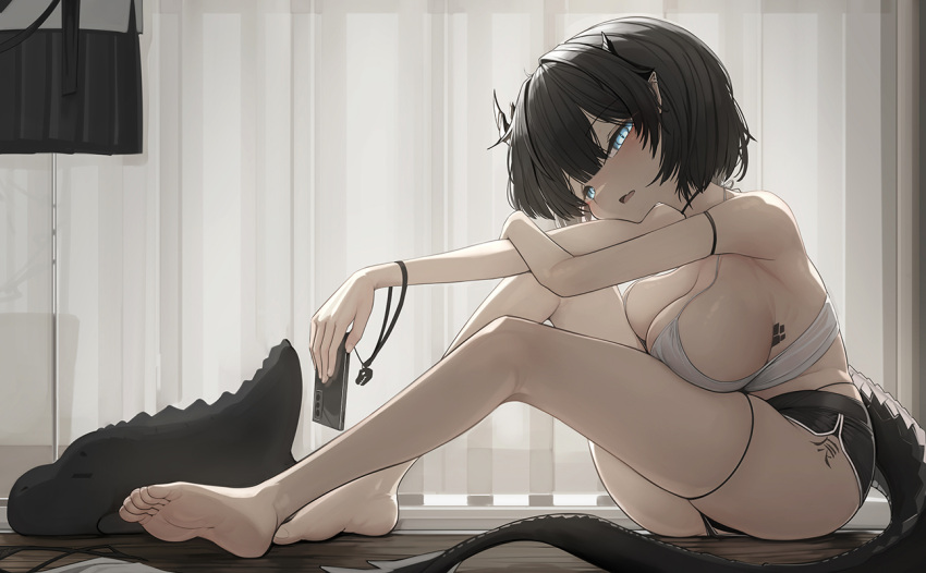 1girl barefoot black_hair black_horns black_shorts blue_eyes bra breasts cellphone curtains dragon_girl dragon_horns genek holding holding_phone horns indoors large_breasts leg_tattoo looking_at_viewer open_mouth original phone pointy_ears short_hair shorts sideboob sitting soles solo tattoo thighs toes underwear white_bra
