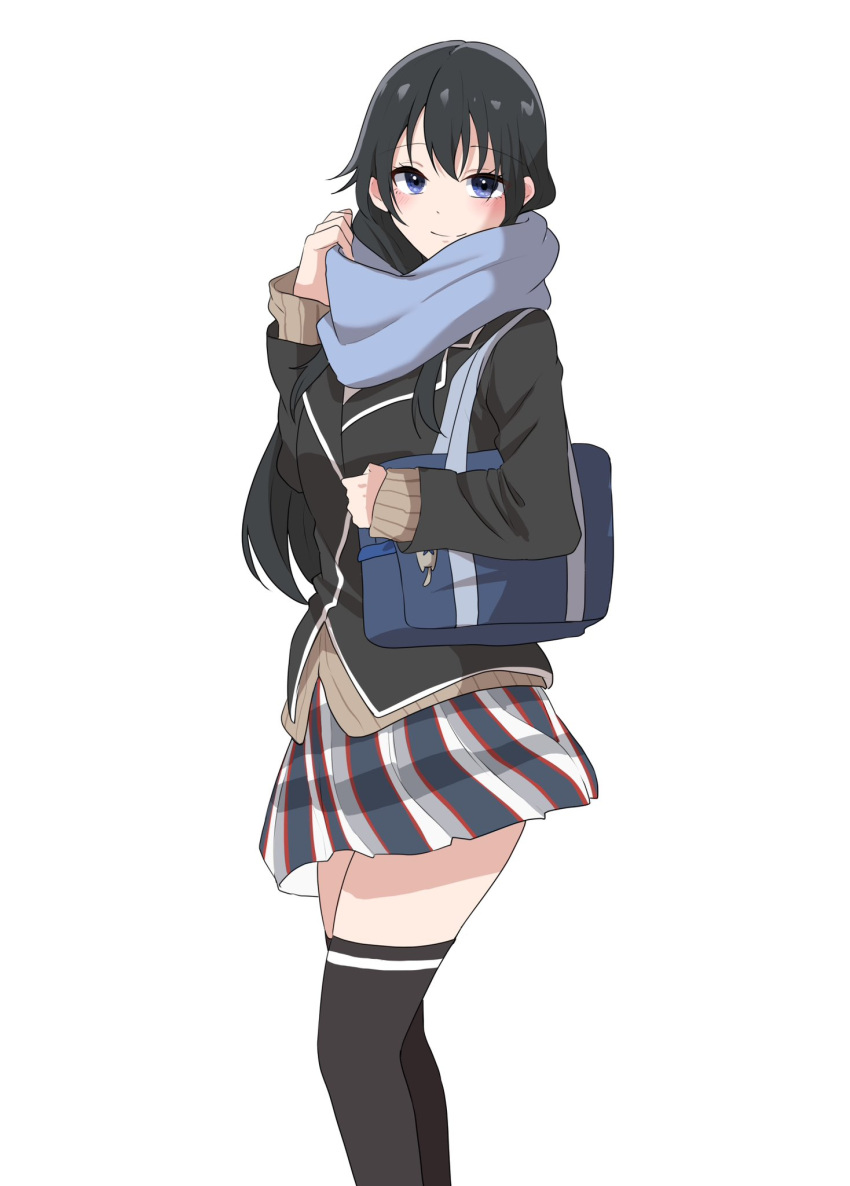 1girl bag black_hair black_jacket black_thighhighs blazer blue_eyes closed_mouth highres jacket light_(lightpicture33) long_hair long_sleeves looking_at_viewer miniskirt plaid plaid_skirt pleated_skirt school_bag school_uniform simple_background skirt sobu_high_school_uniform solo standing thighhighs white_background yahari_ore_no_seishun_lovecome_wa_machigatteiru. yukinoshita_yukino zettai_ryouiki