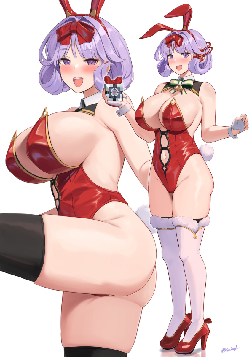 1girl animal_ears ass black_thighhighs blush breasts clothing_cutout fake_tail fingerless_gloves girls'_frontline gloves high_heels highres holding kion-kun large_breasts leotard looking_at_viewer multiple_views navel navel_cutout open_mouth playboy_bunny purple_eyes purple_hair rabbit_ears rabbit_tail red_leotard shoes short_hair simple_background smile spas-15_(girls'_frontline) standing tail thighhighs white_background white_gloves white_thighhighs