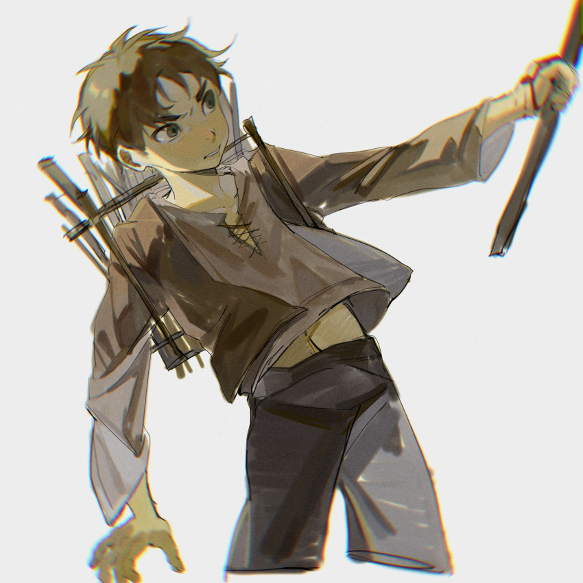 1boy absurdres black_pants blood blood_on_hands brown_eyes brown_hair brown_shirt brown_sleeves chinese_commentary collarbone commentary_request cowboy_shot cross-laced_clothes cross-laced_top eren_yeager grey_background highres holding holding_weapon long_sleeves looking_ahead midriff_peek military_uniform pants paradis_military_uniform riko-m shingeki_no_kyojin shirt short_hair simple_background solo thick_eyebrows uniform v-shaped_eyebrows weapon weapon_on_back