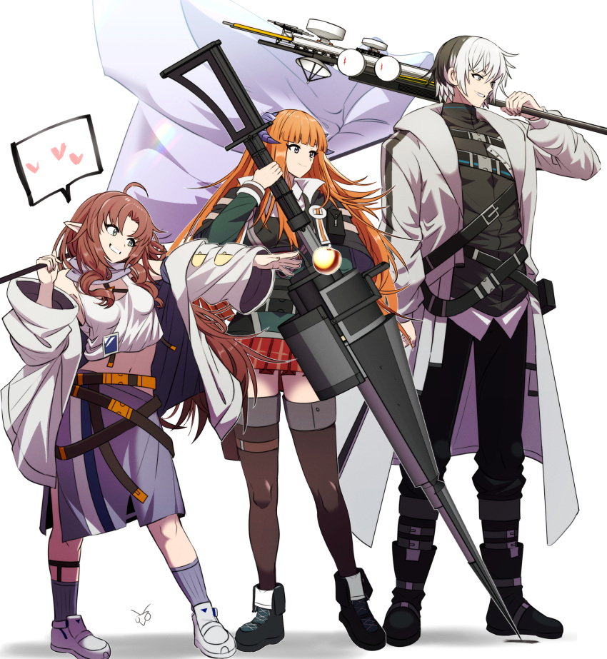 1boy 2girls absurdres ahoge apple arknights artist_logo bagpipe_(arknights) banner belt belt_pouch black_belt black_footwear black_hair black_pants black_shirt black_vest blue_skirt blue_socks blunt_bangs boots breasts brown_hair brown_thighhighs carrying_over_shoulder chest_belt closed_mouth coat commentary cross-laced_footwear dragon_girl dragon_horns elysium_(arknights) english_commentary flag food from_side fruit full_body golden_apple green_eyes green_jacket grey_coat grey_eyes heart highres holding holding_flag holding_polearm holding_weapon horns huge_weapon jacket lance long_hair medium_breasts midriff miniskirt multicolored_hair multiple_belts multiple_girls myrtle_(arknights) navel off_shoulder open_clothes open_coat orange_hair outstretched_arm over_shoulder pants parted_bangs parted_lips pleated_skirt pointy_ears polearm pouch purple_eyes red_skirt samacho shirt shoes short_hair sidelocks simple_background skirt small_breasts smile socks spoken_heart standing tank_top thigh_strap thighhighs turtleneck two-tone_hair vest weapon weapon_over_shoulder white_background white_coat white_footwear white_hair white_shirt white_tank_top zettai_ryouiki
