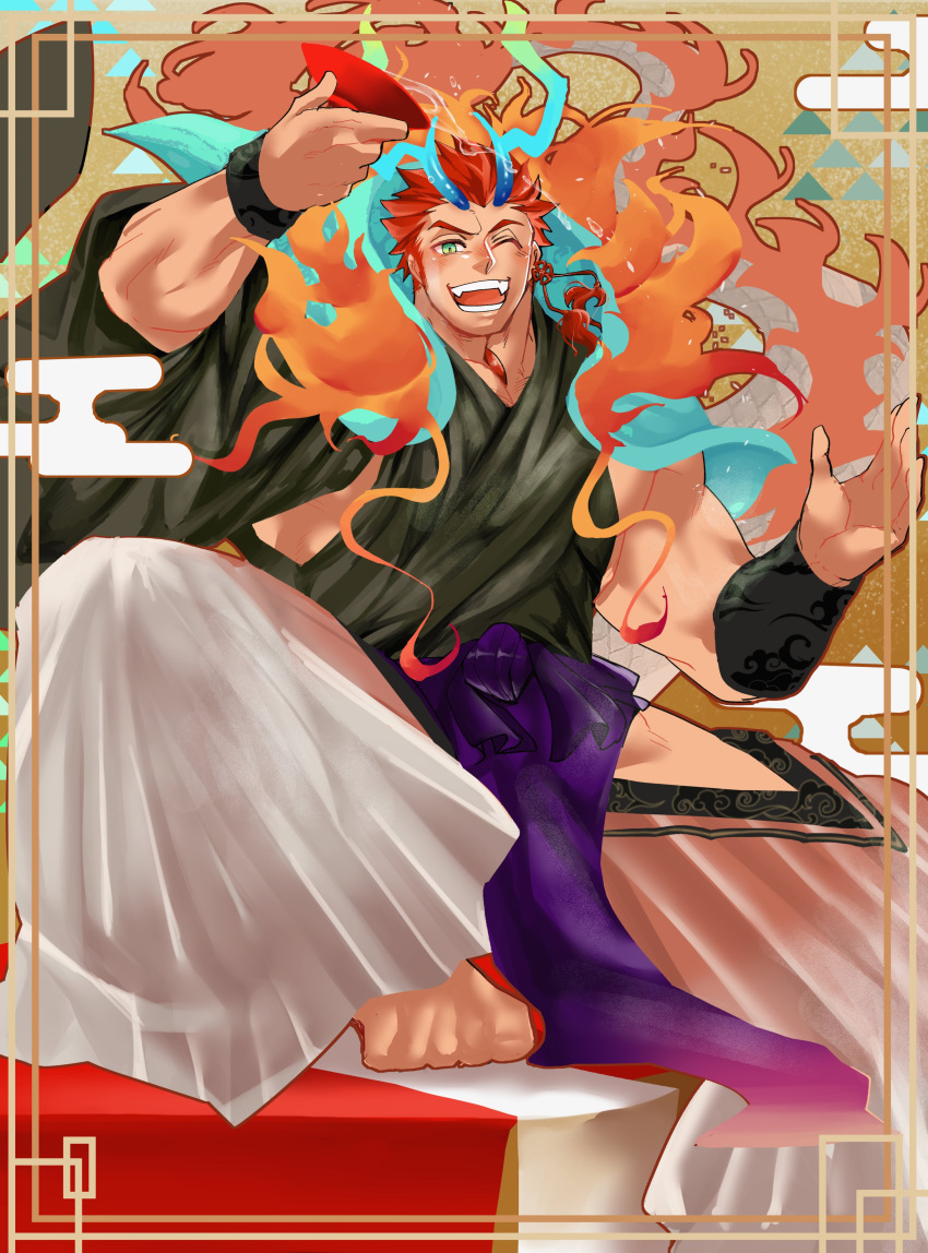 1boy absurdres antlers bara betweeneyeblow blush bulge chinese_zodiac cup dragon_boy dragon_horns dragon_tail fire full_body glowing_horns green_eyes hakama hakama_skirt highres hip_vent holding holding_cup horns japanese_clothes large_horns long_sideburns looking_at_viewer male_focus monster_boy muscular muscular_male new_year original pectorals pelvic_curtain pouring pouring_onto_self pyrokinesis red_hair sakazuki short_hair sideburns sideburns_stubble sidepec single_sleeve skirt solo spread_legs squatting tail thick_eyebrows year_of_the_dragon