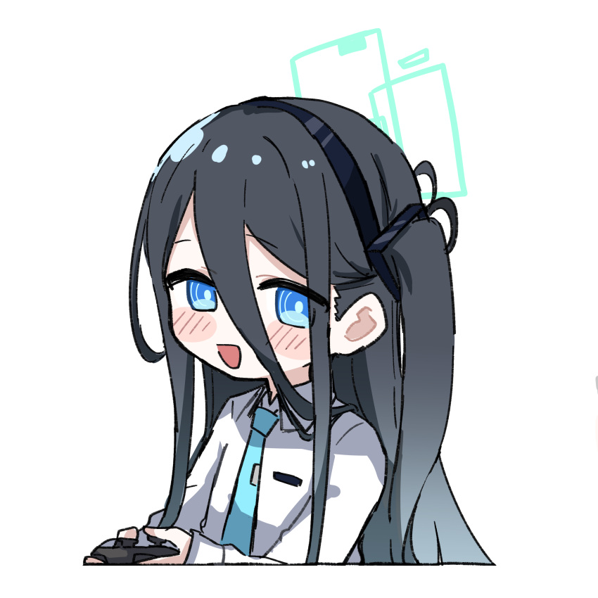 1girl absurdly_long_hair absurdres aris_(blue_archive) black_hair black_hairband blue_archive blue_eyes blue_necktie blush collared_shirt controller fami_miminmin game_controller green_halo hairband halo highres holding holding_controller holding_game_controller long_hair long_sleeves looking_at_viewer necktie one_side_up open_mouth ringed_eyes shirt simple_background smile solo very_long_hair white_background white_shirt