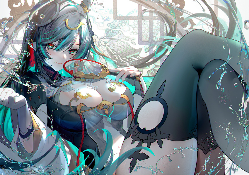 1girl absurdres black_hair black_thighhighs breasts chinese_clothes cleavage_cutout closed_mouth clothing_cutout colored_inner_hair crossed_legs dragon_girl dragon_horns dress earrings granblue_fantasy green_eyes green_hair hair_ornament hand_fan highres holding holding_fan horns jewelry large_breasts long_hair looking_at_viewer mole mole_under_mouth multicolored_clothes multicolored_dress multicolored_eyes multicolored_hair payila_(granblue_fantasy) pointy_ears reclining red_eyes red_tassel rilmok sitting smile solo tassel tassel_earrings thighhighs