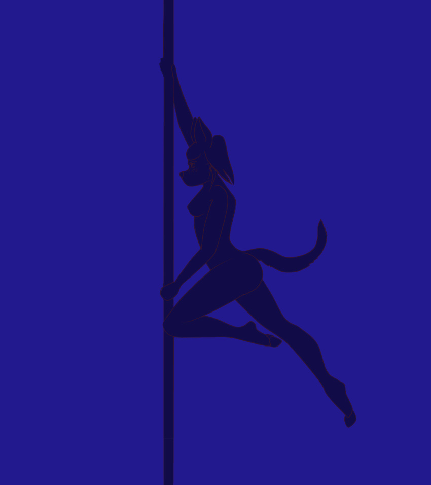 anthro breasts canid canine canis dancing digital_media_(artwork) domestic_dog female hair hi_res mammal natural_breasts nipples nude pole pole_dancing simple_background simple_coloring sky-rouge solo tail