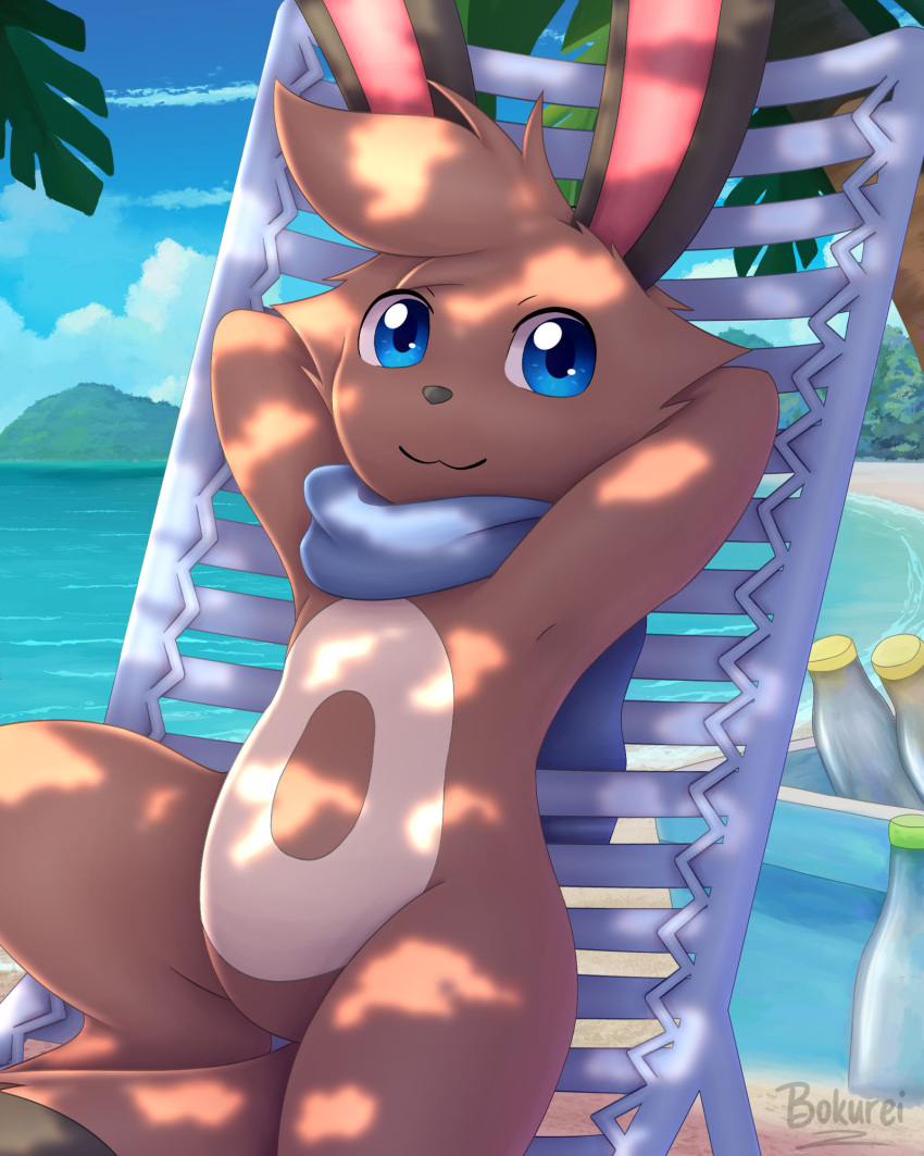 2023 4:5 anthro anthrofied artist_name beach beach_chair bent_leg biped blue_eyes blue_scarf blue_sky bokurei brown_body brown_ears brown_fur cloud cooler day detailed_background digital_media_(artwork) digital_painting_(artwork) featureless_crotch fur generation_2_pokemon glass_bottle hands_behind_head head_tuft hi_res knee_pulled_up looking_at_viewer lounging male mostly_nude multicolored_body multicolored_fur nintendo outside palm_tree pink_inner_ear plant pokemon pokemon_(species) pokemorph portrait reclining sand scarf scarf_only sea seaside semi-anthro sentret shadow sky small_nose smile solo tail three-quarter_portrait tree tuft two_tone_tail under_shade veit_(bokurei) water