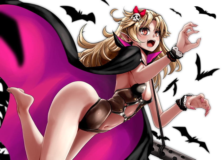 1girl :d absurdres ass barefoot bat_(animal) blonde_hair breasts brown_eyes cape claw_pose commentary_request fangs fingernails girls'_frontline gun hair_ornament halloween_costume highres legs looking_at_viewer m1919a4_(carmilla)_(girls'_frontline) m1919a4_(girls'_frontline) machine_gun nail_polish navel official_alternate_costume open_mouth pink_nails revealing_clothes sharp_fingernails simple_background slit_pupils small_breasts smile solo teeth vampire weapon white_background wrist_cuffs yaruku
