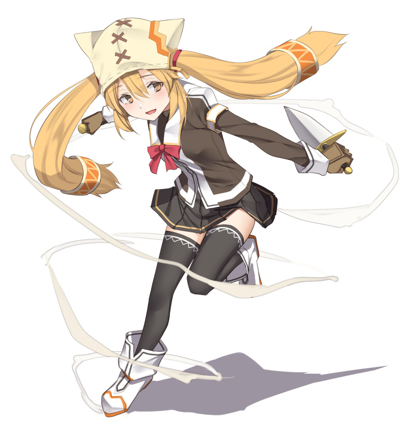 1girl :d beanie beige_headwear black_legwear black_skirt blonde_hair blush brown_eyes dagger dual_wielding full_body hat highres holding holding_dagger holding_weapon ken_to_mahou_to_gakuen_mono khulaz leg_up long_hair looking_to_the_side open_mouth pallad pleated_skirt simple_background skirt smile solo thighhighs twintails weapon white_background white_footwear