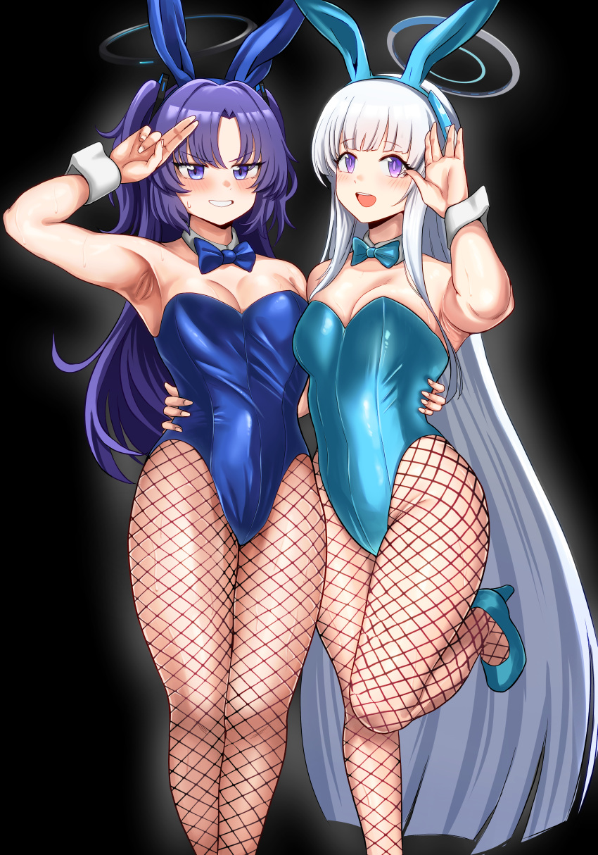 2girls absurdres animal_ears armpits bad_anatomy bad_arm black_background blue_archive blue_bow blue_bowtie blue_footwear blue_leotard blush bow bowtie breasts detached_collar fake_animal_ears feet_out_of_frame fingernails fishnet_pantyhose fishnets foot_out_of_frame grey_hair grin halo high_heels highres legs leotard long_hair mechanical_halo medium_breasts multiple_girls noa_(blue_archive) open_mouth pangtanto pantyhose playboy_bunny purple_eyes purple_hair rabbit_ears simple_background smile strapless strapless_leotard two_side_up wrist_cuffs yuuka_(blue_archive)