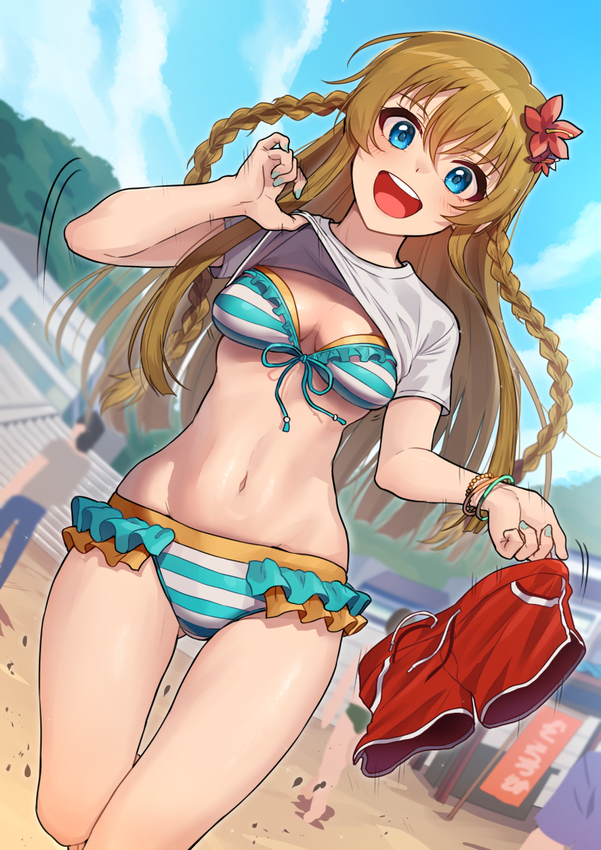 1girl :d beach bikini blue_bikini blue_eyes blue_sky blurry blurry_background bracelet braid breasts brown_hair clothes_lift cloud cloudy_sky commentary day depth_of_field dutch_angle flower frilled_bikini frills front-tie_bikini_top front-tie_top hair_flower hair_ornament hibiscus highres holding_shorts idolmaster idolmaster_million_live! jewelry kamille_(vcx68) kousaka_umi lifted_by_self long_hair looking_at_viewer medium_breasts nail_polish navel open_mouth outdoors people red_shorts revision round_teeth running sand shirt shirt_lift short_shorts short_sleeves shorts sky smile solo_focus stomach striped striped_bikini swimsuit t-shirt teeth twin_braids undressing unworn_shorts walking white_shirt