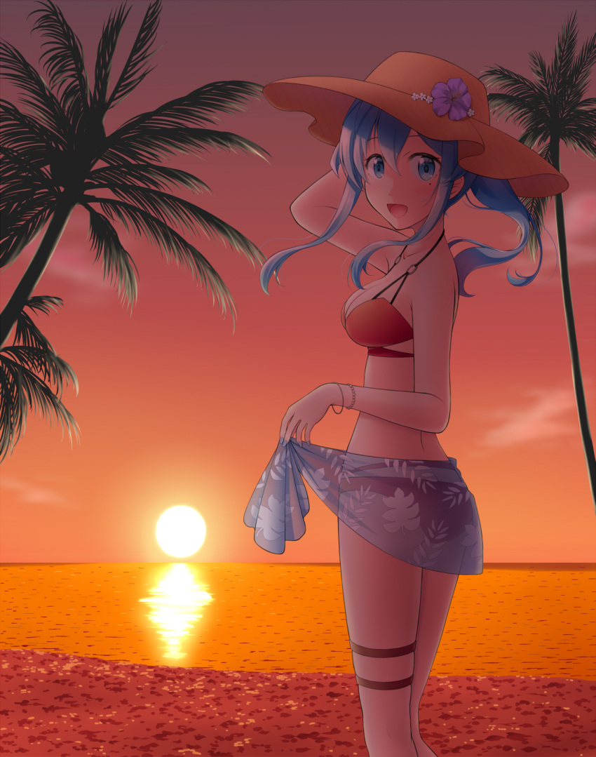 1girl :d ass beach bikini blue_hair blue_sarong breasts brown_headwear flower gotland_(kancolle) hat hat_flower highres kantai_collection kiryu_naoto long_hair looking_at_viewer looking_to_the_side medium_breasts mole mole_under_eye official_alternate_costume official_alternate_hairstyle palm_tree ponytail red_bikini sarong see-through_sarong sidelocks smile solo sun_hat sunset swimsuit thigh_strap tree