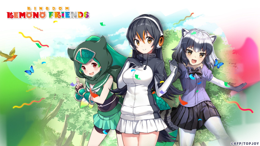 3girls animal_ears black_hair bow bowtie bug butterfly chameleon_girl chameleon_tail common_raccoon_(kemono_friends) copyright_name elbow_gloves extra_ears fingerless_gloves gentoo_penguin_(kemono_friends) gloves green_hair grey_hair highres hood hoodie kemono_friends kemono_friends_kingdom leggings long_hair looking_at_viewer multiple_girls nature ninja official_art outdoors panther_chameleon_(kemono_friends) pantyhose penguin_girl penguin_tail raccoon_ears raccoon_girl raccoon_tail red_eyes sailor_collar shirt short_hair skirt sleeveless sleeveless_shirt tail