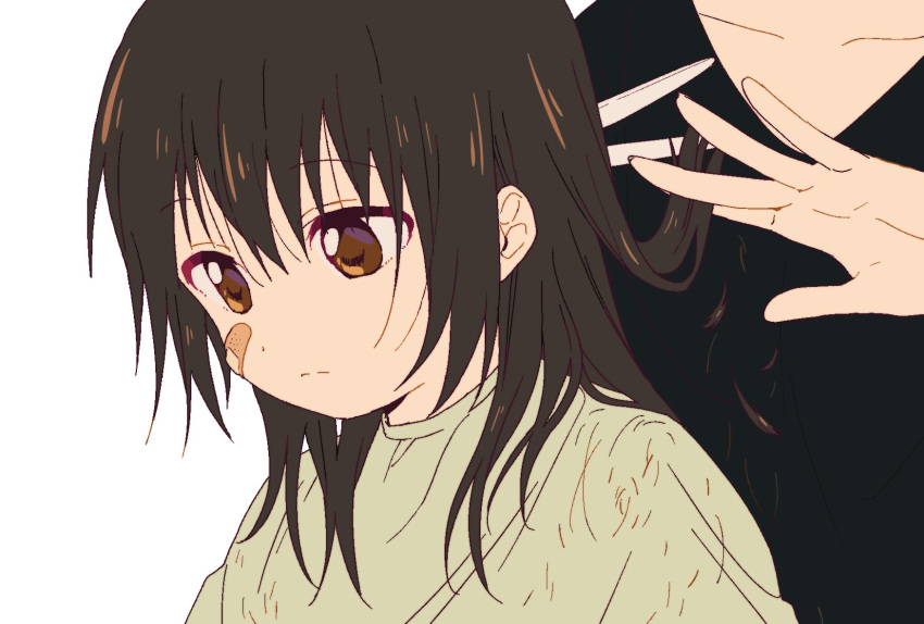 1girl 1other aged_down bandaid bandaid_on_cheek bandaid_on_face black_shirt brown_eyes brown_hair closed_mouth collarbone cutting_hair expressionless funami_yui hairdressing highres holding holding_another's_hair holding_scissors looking_down namori scissors severed_hair shirt simple_background white_background yuru_yuri