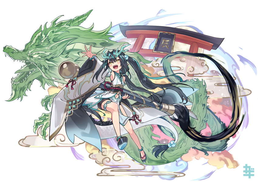 1girl bike_shorts black_footwear black_hair black_shorts blue_hair chinese_zodiac clothing_cutout commentary_request detached_sleeves dragon_girl dragon_horns dragon_tail hair_between_eyes hair_intakes highres holding holding_paintbrush horns japanese_clothes kazana_(sakuto) kimono long_hair long_sleeves multicolored_hair navel navel_cutout original outstretched_arm oversized_object paintbrush platform_footwear shoe_soles shorts simple_background solo streaked_hair tail torii twintails very_long_hair white_background white_kimono white_sleeves wide_sleeves year_of_the_dragon yellow_eyes zouri