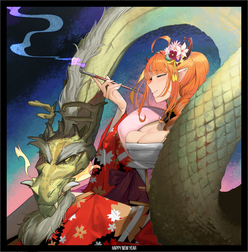 1girl ahoge black_border blonde_hair blunt_bangs blush border breasts breathing_fire chest_sarashi cleavage closed_eyes closed_mouth commentary dragon dragon_girl dragon_horns eastern_dragon english_commentary fang fingernails fire floral_print flower hair_flower hair_ornament hair_over_shoulder happy_new_year highres holding holding_smoking_pipe hololive horns japanese_clothes kimono kiryu_coco kiseru large_breasts long_fingernails long_hair long_sleeves multicolored_hair obi orange_hair pink_flower pointy_ears print_kimono profile purple_flower purple_sash red_kimono sarashi sash scales sidelocks skin_fang smile smoke smoking_pipe solo streaked_hair virtual_youtuber white_flower wide_sleeves wvs yellow_eyes