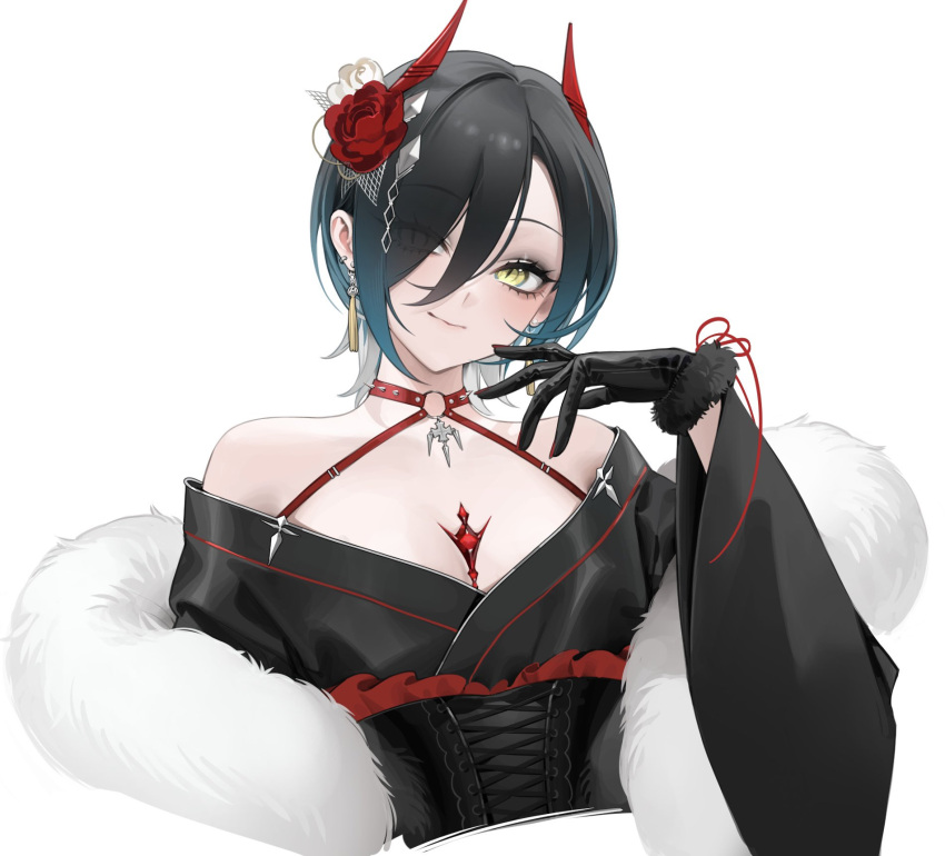1girl azur_lane black_corset black_gloves black_hair breasts chest_jewel cleavage collarbone corset cross earrings flower frills fur_trim gem gloves hair_between_eyes hair_ornament happy_new_year highres horns iron_cross japanese_clothes jewelry kimono looking_at_viewer multicolored_hair new_year off_shoulder ohisashiburi piercing red_flower red_rose rose short_hair smile tassel tassel_earrings two-tone_hair ulrich_von_hutten_(azur_lane) white_background yellow_eyes