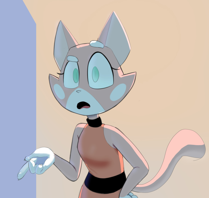 anthro belt cheek_spots clothing collar confusion dress eyebrows felid feline female green_eyes hand_on_hip hi_res hitsuji long_tail mammal pawpads raised_eyebrow shima_luan simple_background solo super_planet_dolan tail white_hands