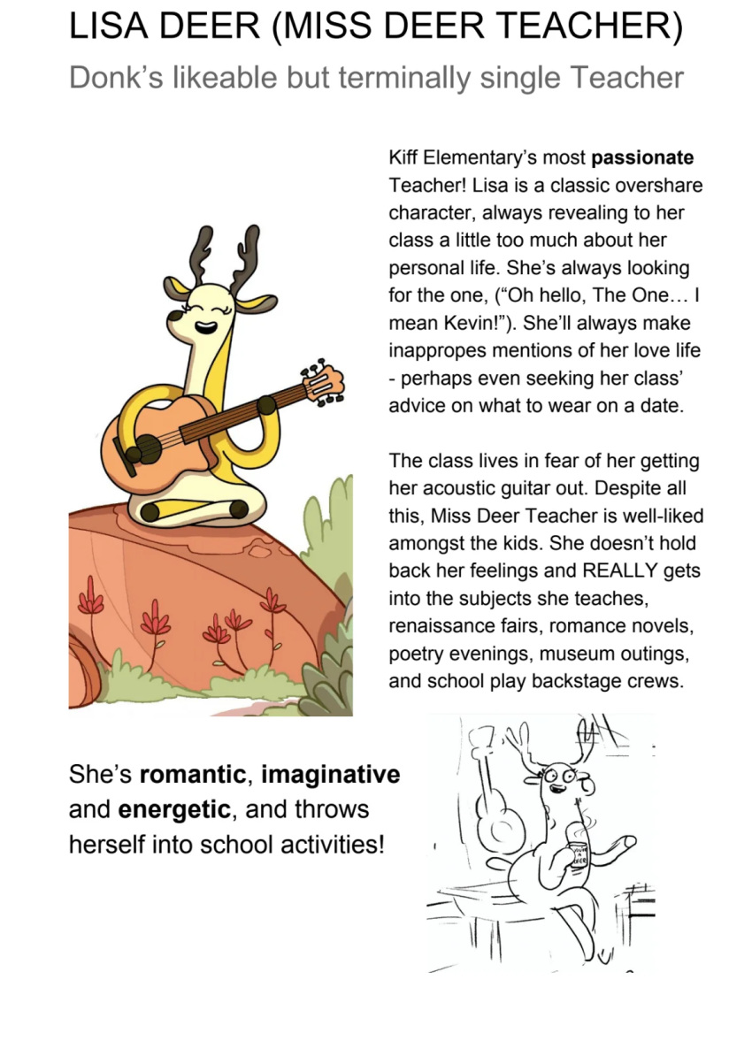 anthro antlers concept_art countershading deer disney english_text eyelashes female flower fur grass guitar hi_res horn kiff_(series) mammal miss_deer_teacher musical_instrument new_world_deer official_art open_mouth open_smile outdated_model plant plucked_string_instrument sitting sitting_on_rock sketch smile solo string_instrument tan_body tan_fur text unfinished unknown_artist wall_of_text yellow_body yellow_fur