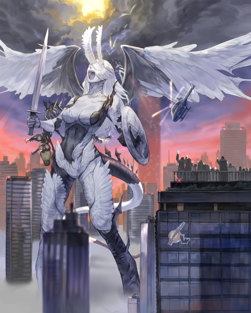 1girl absurdres aircraft bat_wings black_skin black_tail black_wings blue_tongue breasts building cellphone cloud collarbone colored_skin colored_tongue commentary_request covered_eyes cracked_skin crowd dark_clouds fangs feathered_wings giant giantess head_wings helicopter highres holding holding_phone holding_shield holding_sword holding_weapon leg_wings legs_apart level-00 light_rays medium_breasts midriff monster_girl multicolored_skin navel open_mouth original outdoors phone railing screaming shield skeleton sky skyscraper smartphone standing sword teeth two-tone_skin two-tone_tail weapon white_skin white_tail white_wings wings