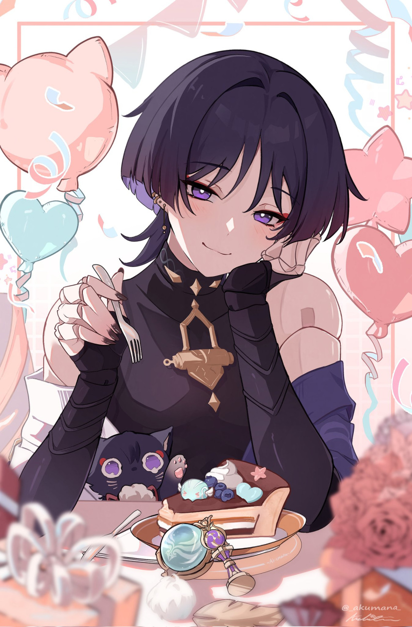 1boy akumana armor balloon bishounen black_nails blunt_ends blush cheek_rest doll_joints earrings elbow_rest english_commentary eyeliner eyeshadow fork genshin_impact hair_intakes heart_balloon highres holding holding_fork japanese_armor jewelry joints kote kurokote looking_at_viewer makeup male_focus multiple_earrings purple_eyes purple_hair red_eyeliner red_eyeshadow scaramouche_(cat)_(genshin_impact) scaramouche_(genshin_impact) short_hair signature smile solo twitter_username upper_body wanderer_(genshin_impact)