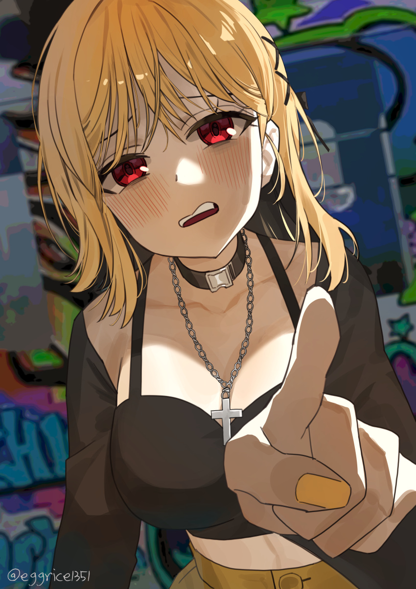 1girl absurdres black_bustier black_choker black_collar black_ribbon black_sleeves blonde_hair blush breasts choker collar commentary_request cross cross_necklace disgust foreshortening graffiti hair_ornament hair_ribbon highres index_finger_raised jewelry jingburger korean_commentary large_breasts long_hair long_sleeves looking_at_viewer midriff necklace open_mouth orange_nails orange_pants pants pointing pointing_at_viewer red_eyes ribbon shrug_(clothing) solo tsukinuma_gohan twitter_username virtual_youtuber waktaverse x_hair_ornament